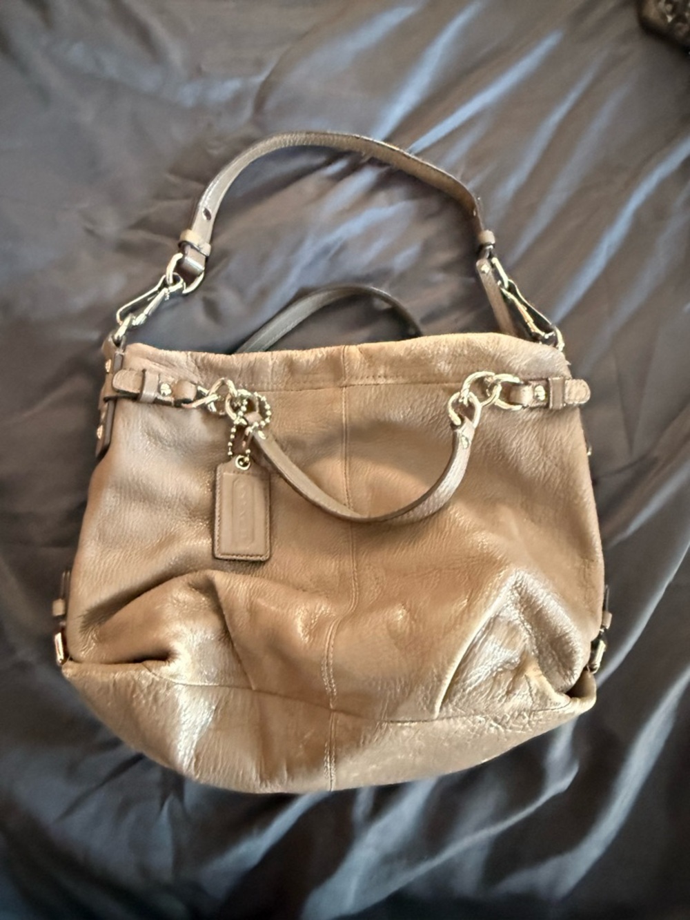 Coach Taupe Leather Shoulder Bag with Chain Accent